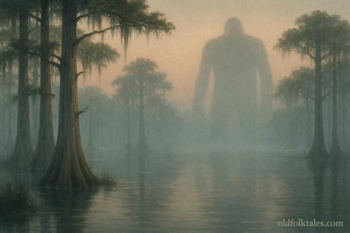 Misty Arkansas swamp at dawn with cypress trees and calm water, suggesting the folklore setting of the Fouke Monster