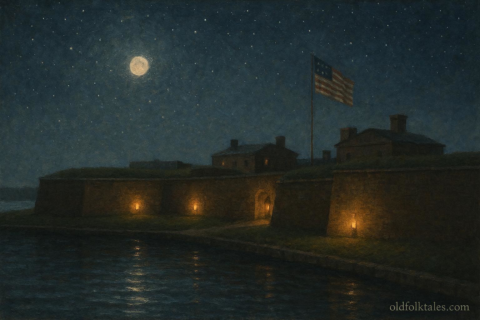 Night view of Fort McHenry with lantern light and a distant American flag during the War of 1812 era