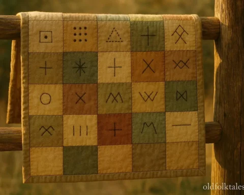 A close-up of a historic patchwork quilt showing symbolic patterns used by enslaved African Americans to guide escape routes