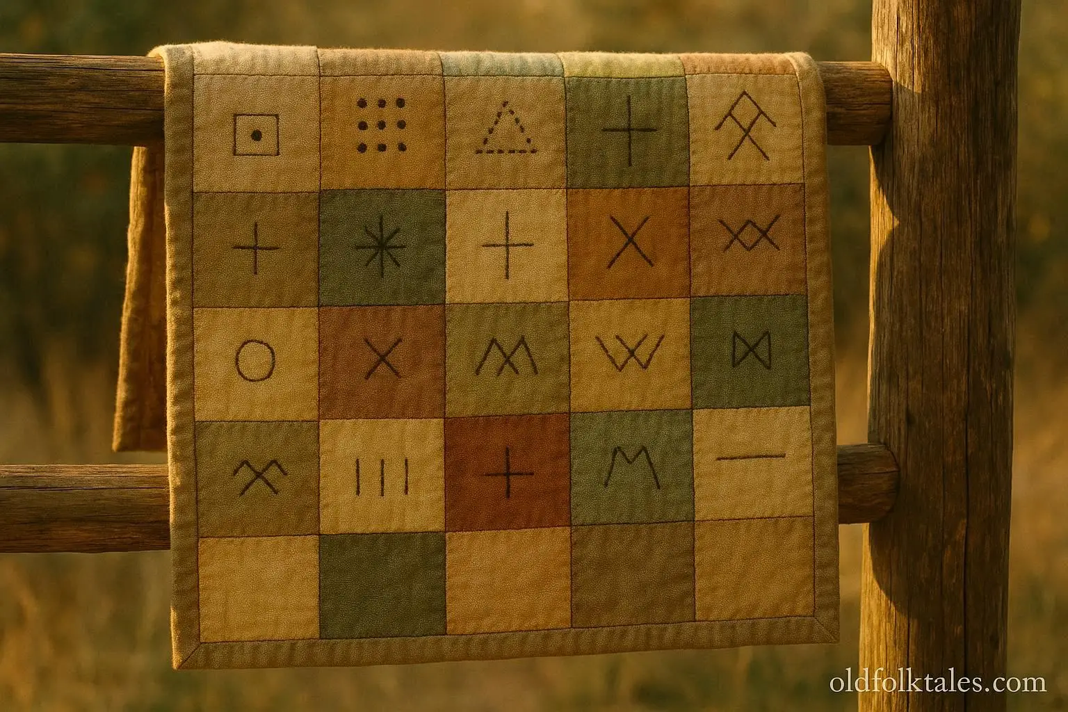 A close-up of a historic patchwork quilt showing symbolic patterns used by enslaved African Americans to guide escape routes
