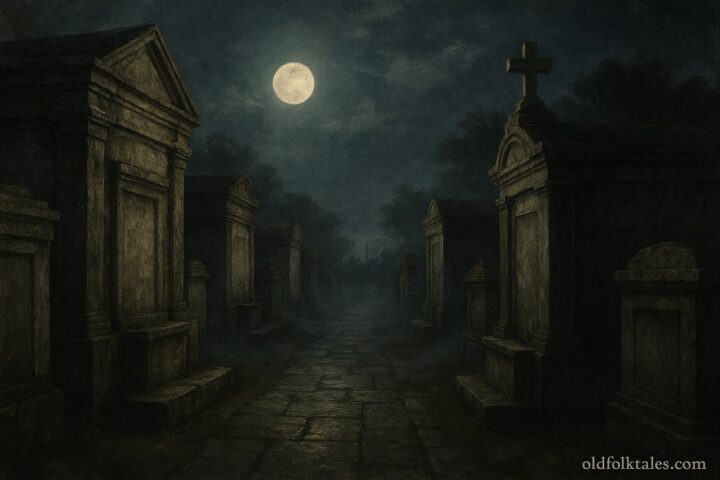 St. Louis Cemetery at night associated with ghost train legends in New Orleans