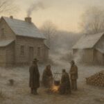 Winter preparation scene at an Appalachian homestead with neighbors gathered near a fire and farmhouse.
