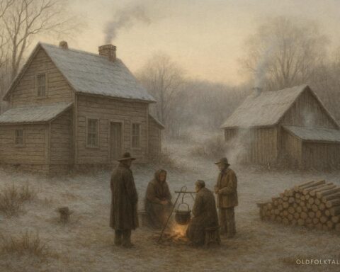 Winter preparation scene at an Appalachian homestead with neighbors gathered near a fire and farmhouse.