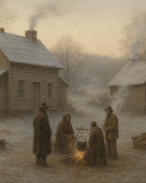 Winter preparation scene at an Appalachian homestead with neighbors gathered near a fire and farmhouse.