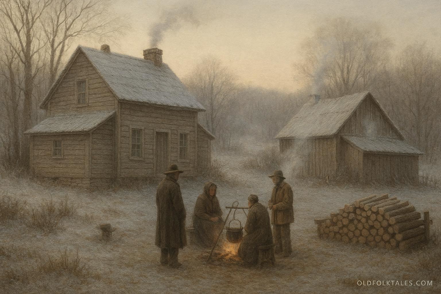 Winter preparation scene at an Appalachian homestead with neighbors gathered near a fire and farmhouse.