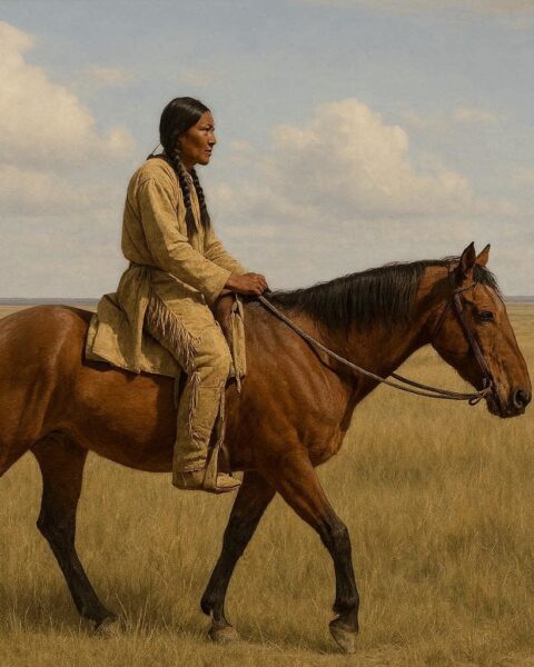 Comanche rider traveling across the Great Plains on horseback, representing shared power and transformation.