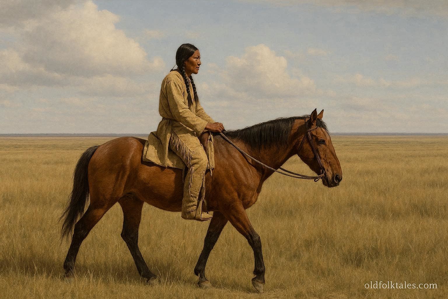 Comanche rider traveling across the Great Plains on horseback, representing shared power and transformation.
