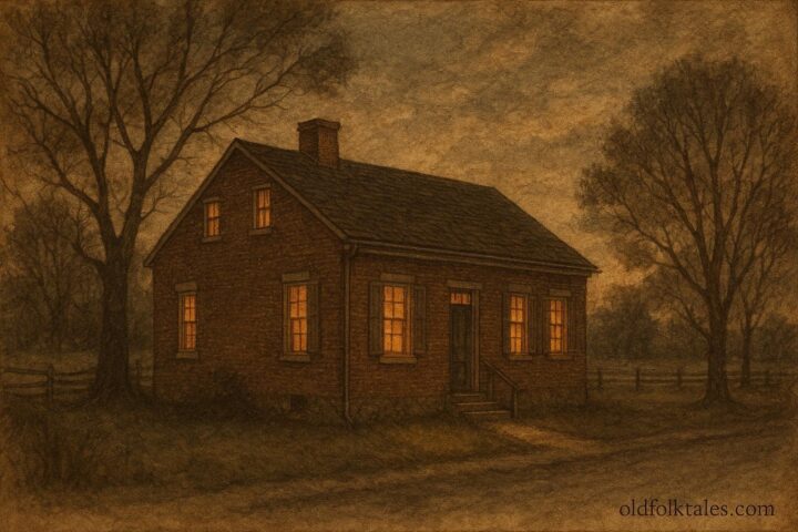Jenny Wade House at Gettysburg battlefield at dusk, brick structure, glowing windows, trees with shadows, evoking haunting presence