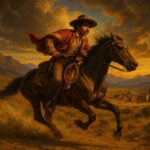 Mexican American horseman racing through California foothills during the Gold Rush