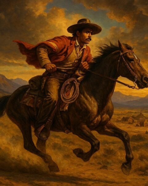 Mexican American horseman racing through California foothills during the Gold Rush