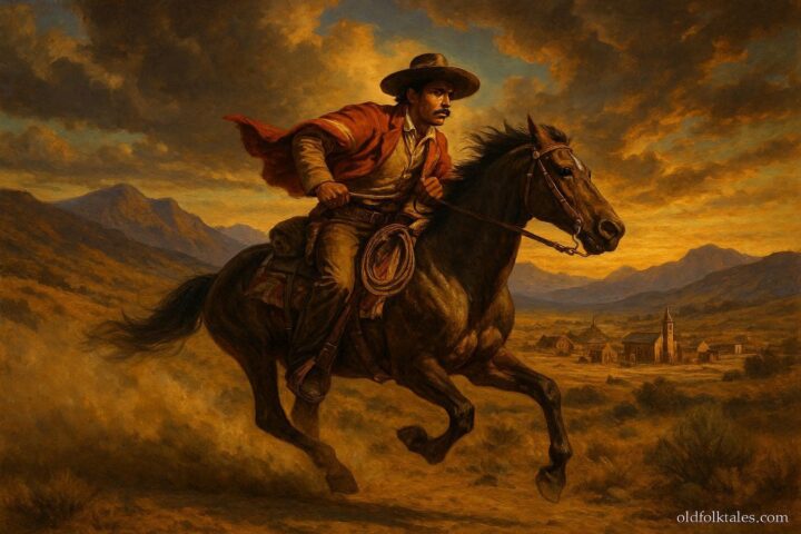 Mexican American horseman racing through California foothills during the Gold Rush