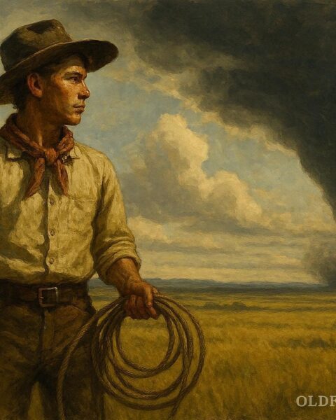 A young ranch hand standing on the open plains as a distant tornado forms under a dark sky.