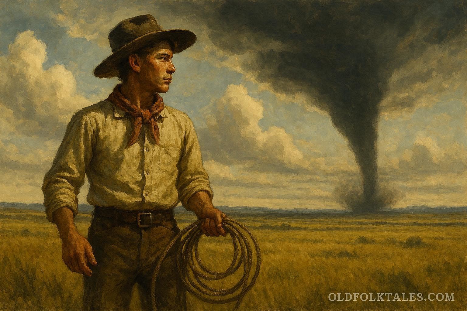 A young ranch hand standing on the open plains as a distant tornado forms under a dark sky.