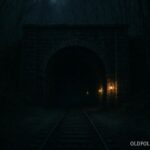 Moonville Tunnel at night with glowing lanterns and mist in an Appalachian forest