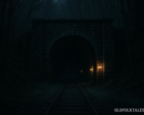 Moonville Tunnel at night with glowing lanterns and mist in an Appalachian forest