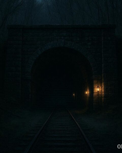Moonville Tunnel at night with glowing lanterns and mist in an Appalachian forest