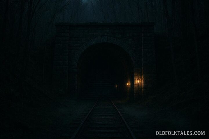 Moonville Tunnel at night with glowing lanterns and mist in an Appalachian forest