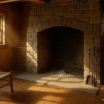 Cleaned stone hearth in an early American home, hearth tools neatly arranged, sunlight illuminating the room, symbolizing renewal and tradition