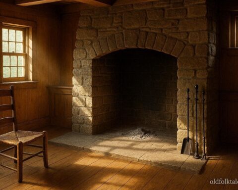 Cleaned stone hearth in an early American home, hearth tools neatly arranged, sunlight illuminating the room, symbolizing renewal and tradition