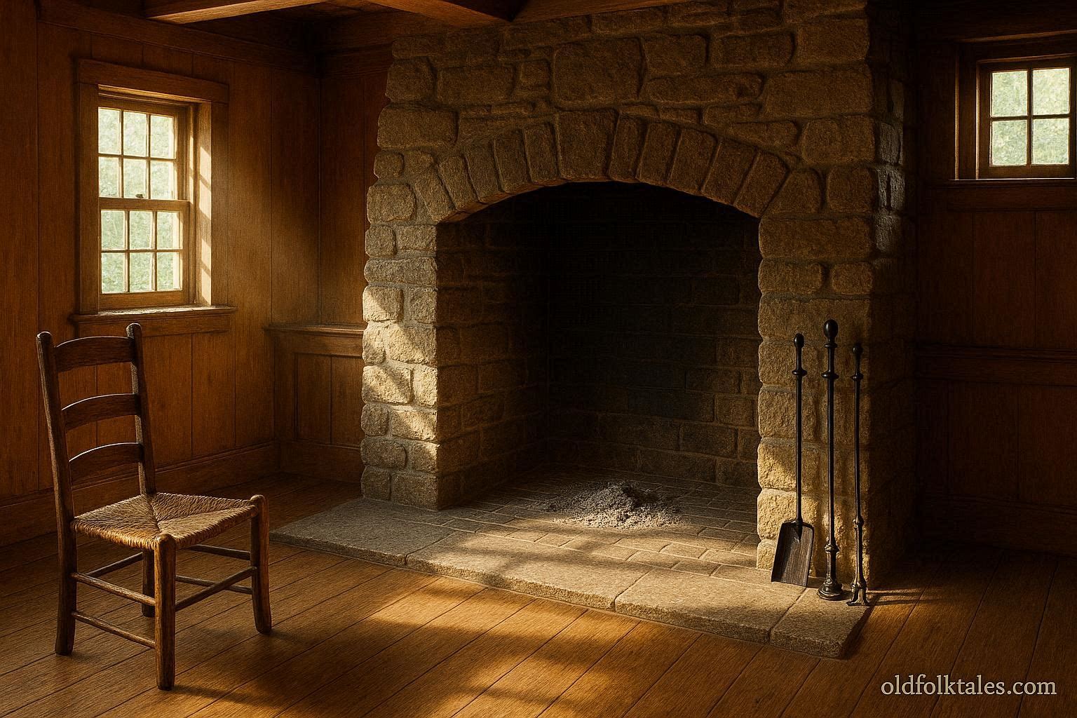 Cleaned stone hearth in an early American home, hearth tools neatly arranged, sunlight illuminating the room, symbolizing renewal and tradition