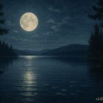 Nighttime lake with moonlight reflecting on water and subtle movements of silver fish beneath the surface, representing ancestral guardianship.