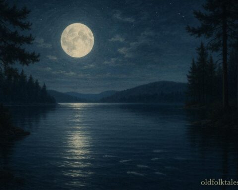 Nighttime lake with moonlight reflecting on water and subtle movements of silver fish beneath the surface, representing ancestral guardianship.