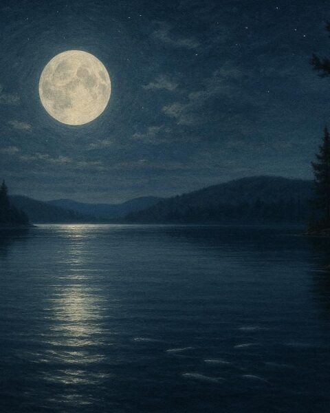 Nighttime lake with moonlight reflecting on water and subtle movements of silver fish beneath the surface, representing ancestral guardianship.