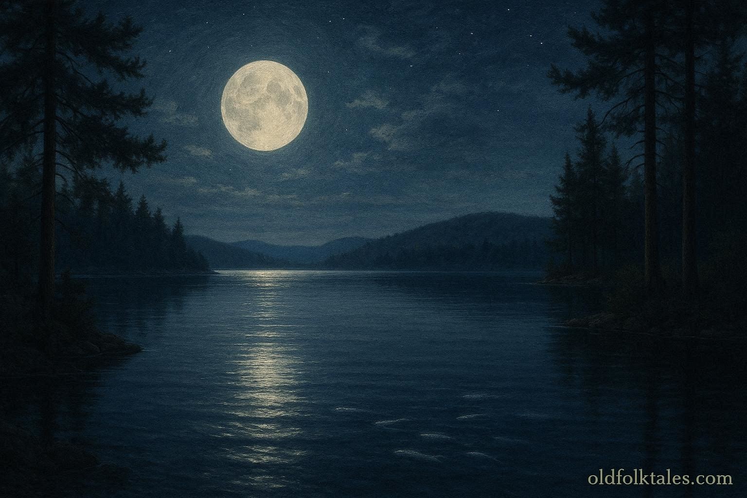 Nighttime lake with moonlight reflecting on water and subtle movements of silver fish beneath the surface, representing ancestral guardianship.