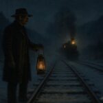 Solitary 19th-century railroad night watchman holding lantern overlooking snow-covered tracks with approaching train