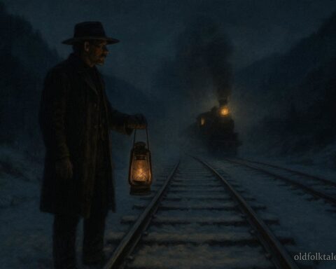 Solitary 19th-century railroad night watchman holding lantern overlooking snow-covered tracks with approaching train