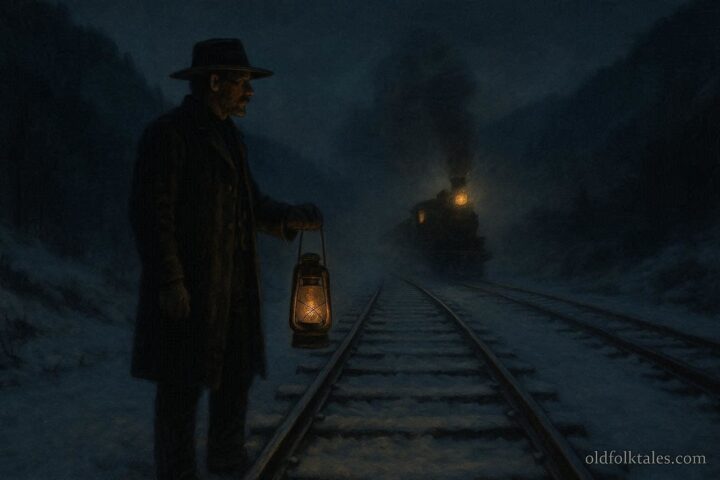Solitary 19th-century railroad night watchman holding lantern overlooking snow-covered tracks with approaching train