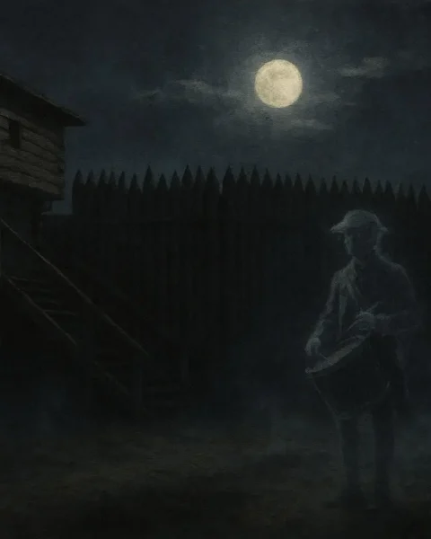 A ghostly drummer standing near wooden fort walls at night