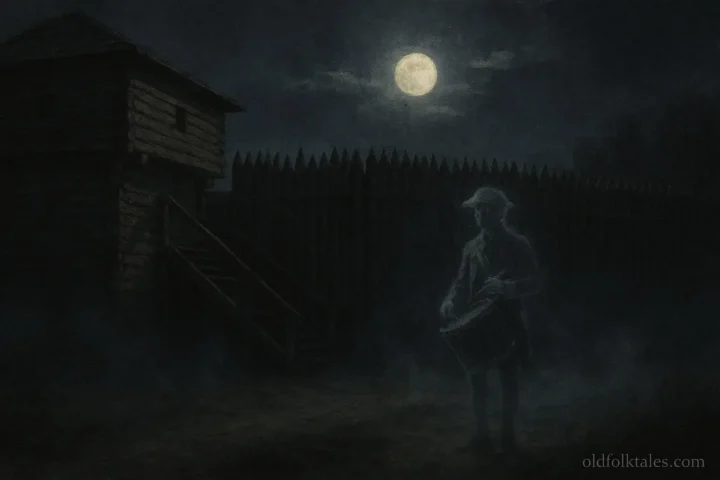 A ghostly drummer standing near wooden fort walls at night