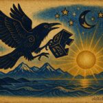 Raven releasing the sun, moon and stars into the sky.