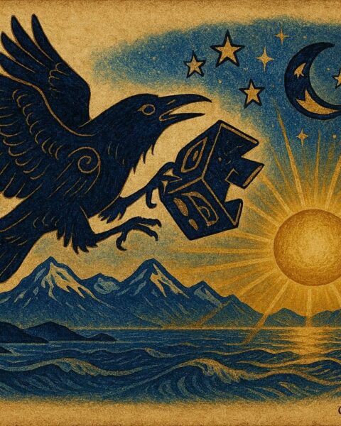 Raven releasing the sun, moon and stars into the sky.