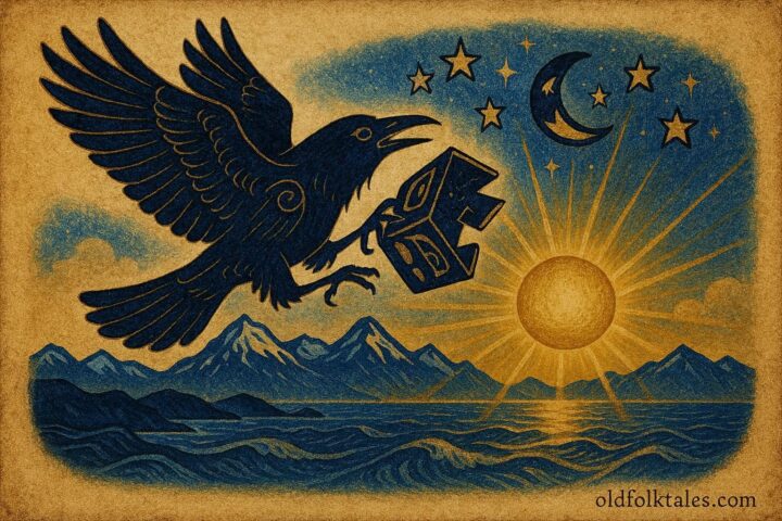 Raven releasing the sun, moon and stars into the sky.