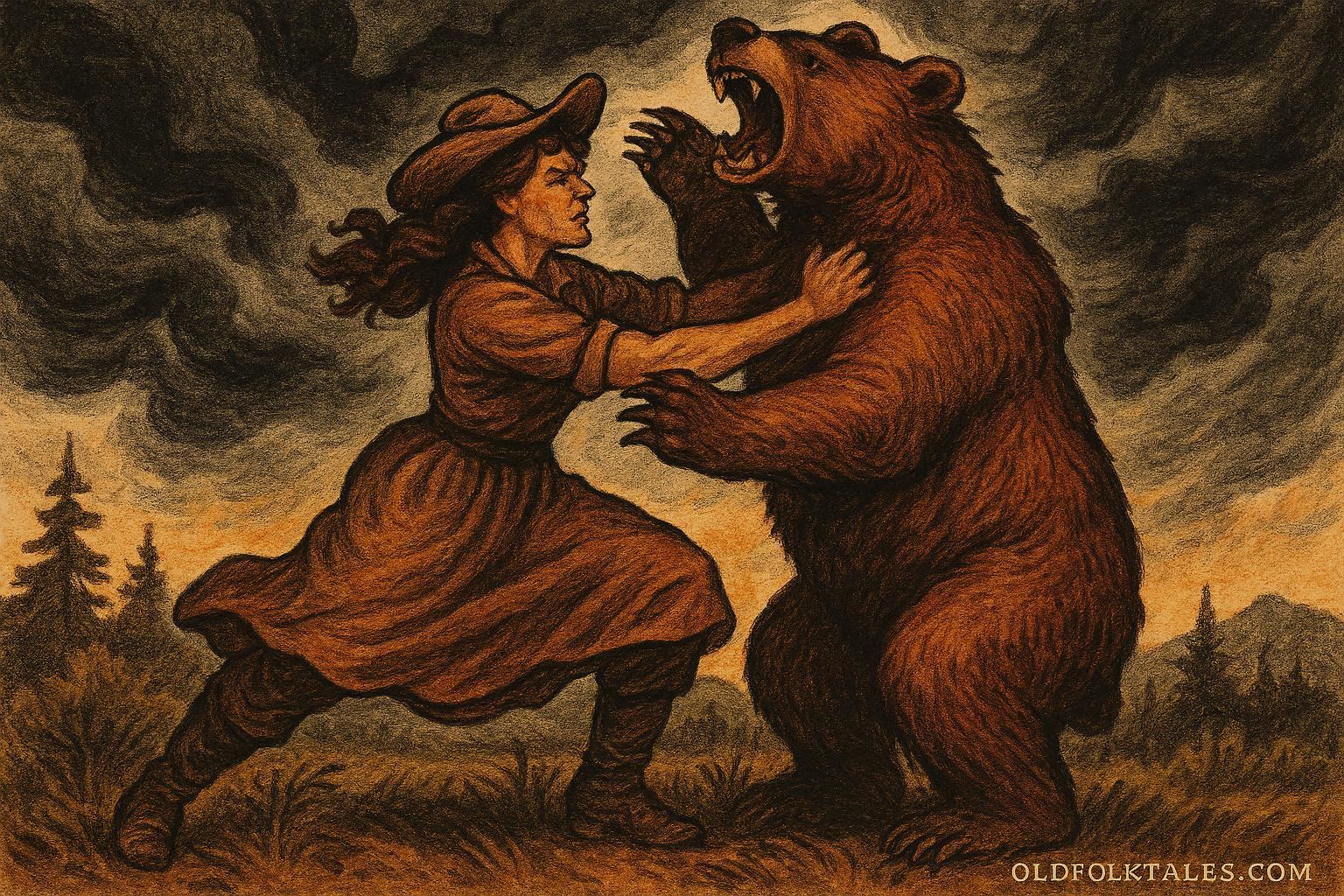 A powerful frontier woman laughing as she wrestles a bear beneath storm clouds on the American frontier