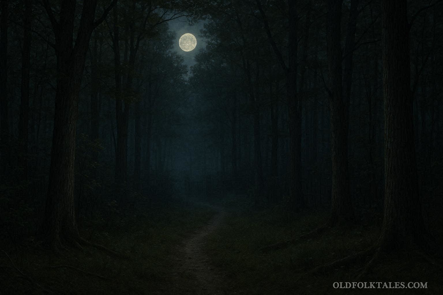Moonlit forest path in rural Pennsylvania associated with the Seven Gates of Hell legend