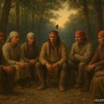 Chickasaw elders and community members seated silently in a woodland council circle