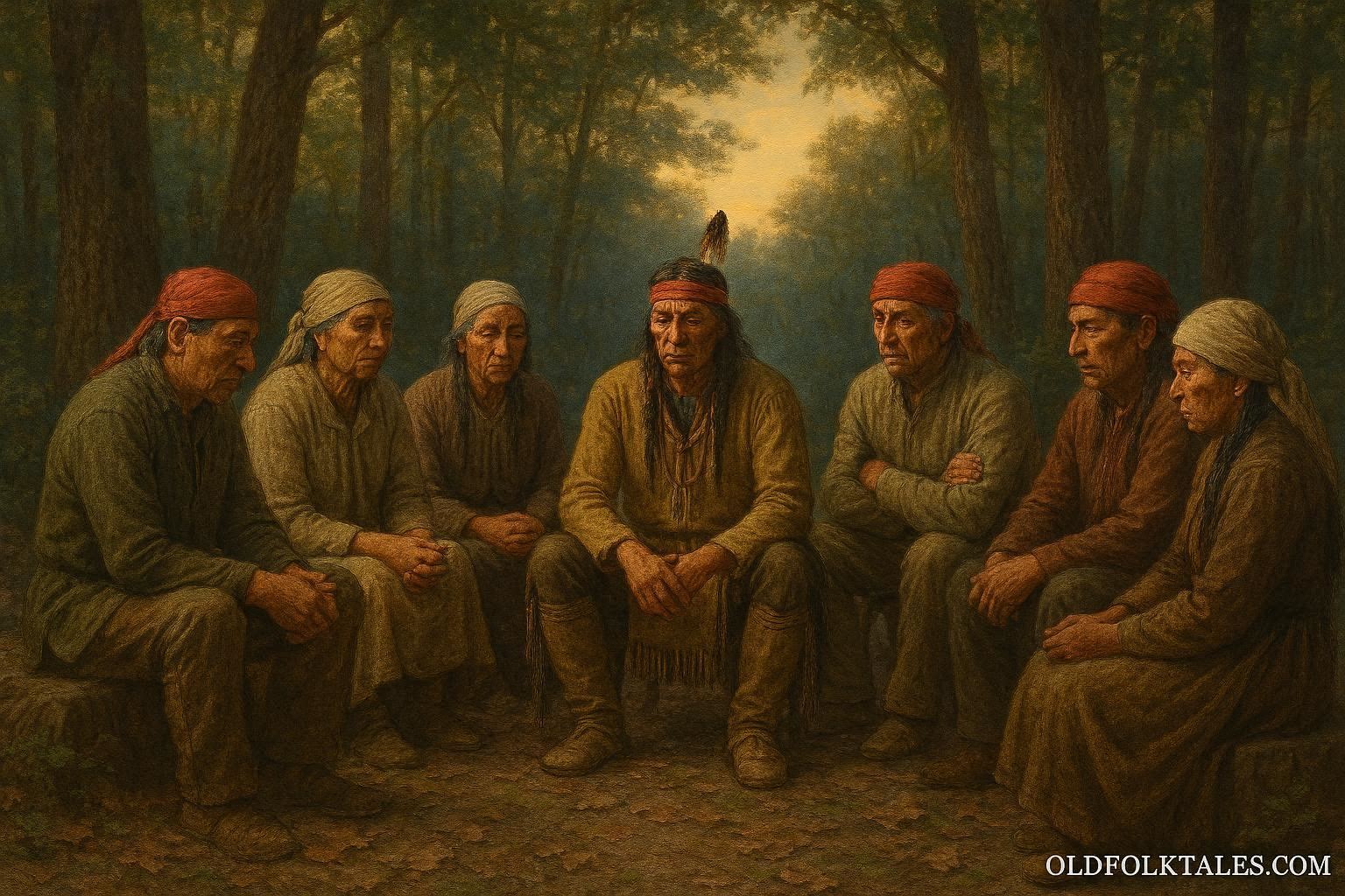 Chickasaw elders and community members seated silently in a woodland council circle