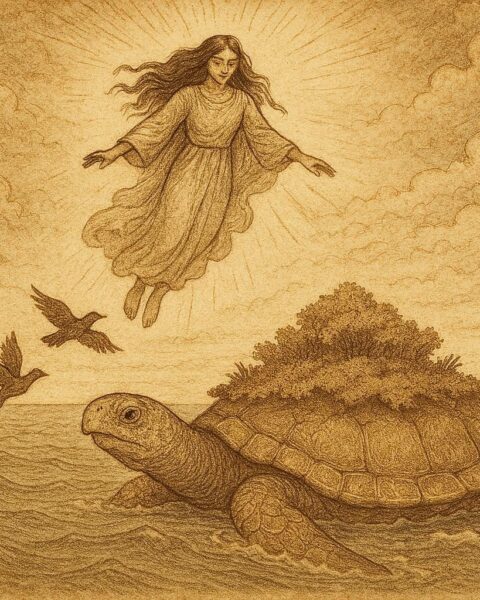 Sky Woman descending from the sky as animals help form the earth on a turtle’s back.