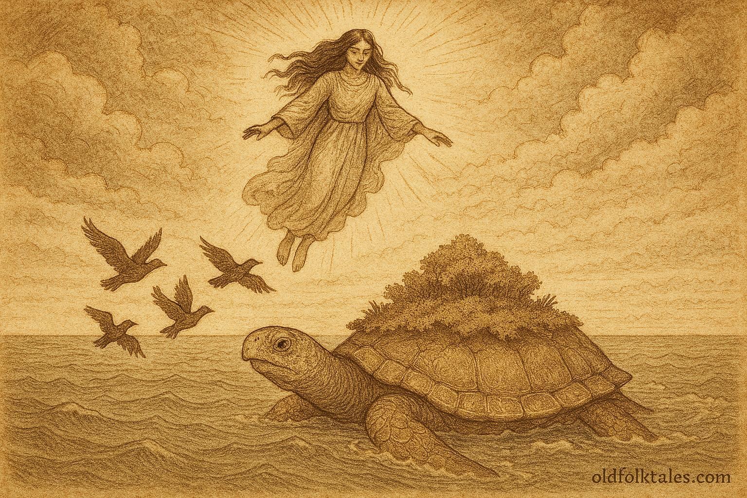 Sky Woman descending from the sky as animals help form the earth on a turtle’s back.