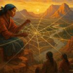 Spider Woman weaving the world with threads, teaching humans in a desert landscape.