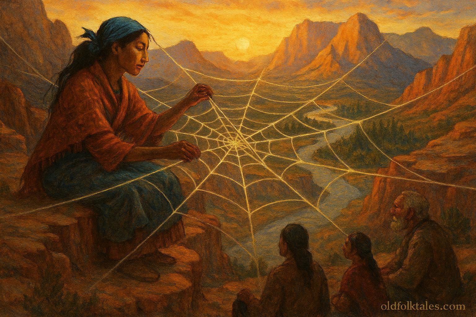 Spider Woman weaving the world with threads, teaching humans in a desert landscape.