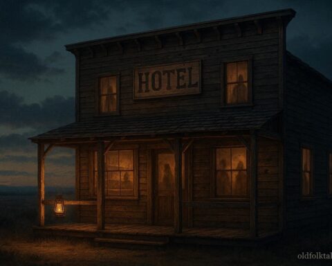 Historic St. James Hotel in Cimarron, New Mexico, with glowing windows and subtle ghostly shadows, showing bullet holes inside, representing frontier violence folklore
