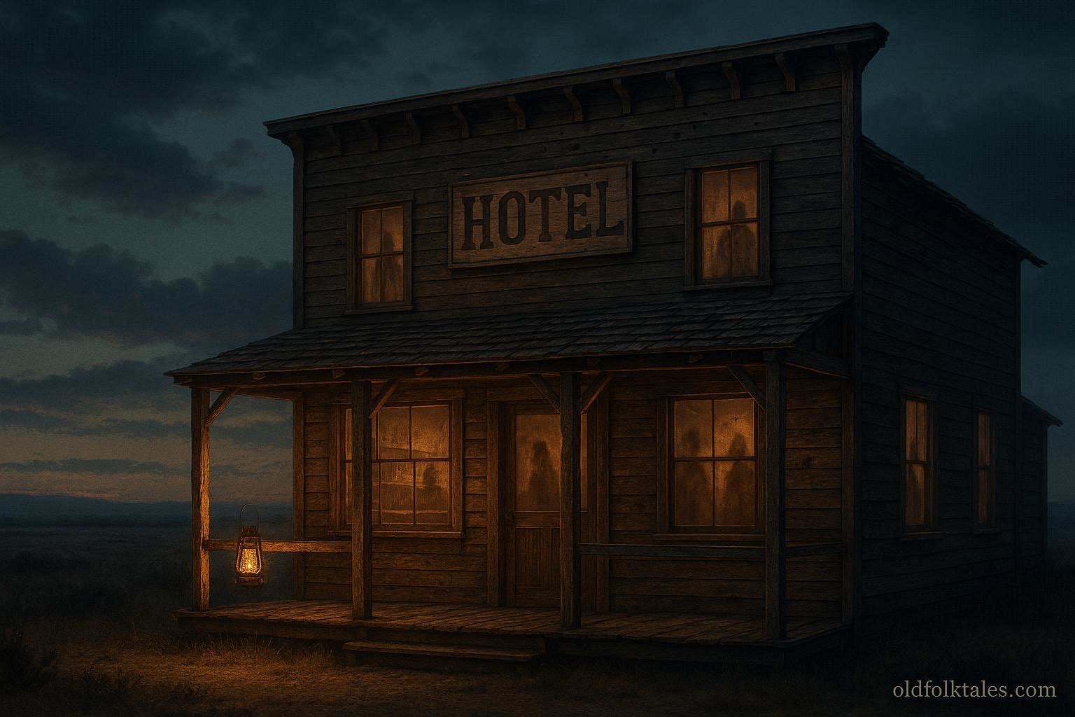 Historic St. James Hotel in Cimarron, New Mexico, with glowing windows and subtle ghostly shadows, showing bullet holes inside, representing frontier violence folklore
