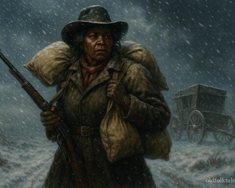 Stagecoach Mary guarding mail during a snowstorm on the American frontier