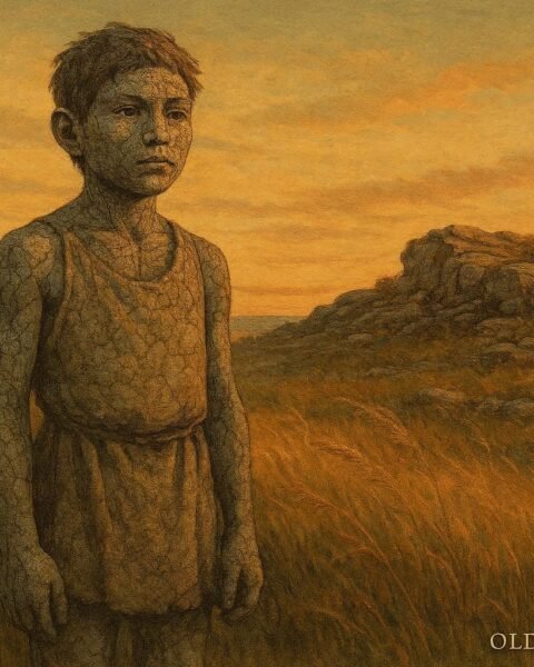 Stone-skinned boy standing on a Great Plains ridge, prairie grass and rocky earth surrounding him, Indigenous folktale scene