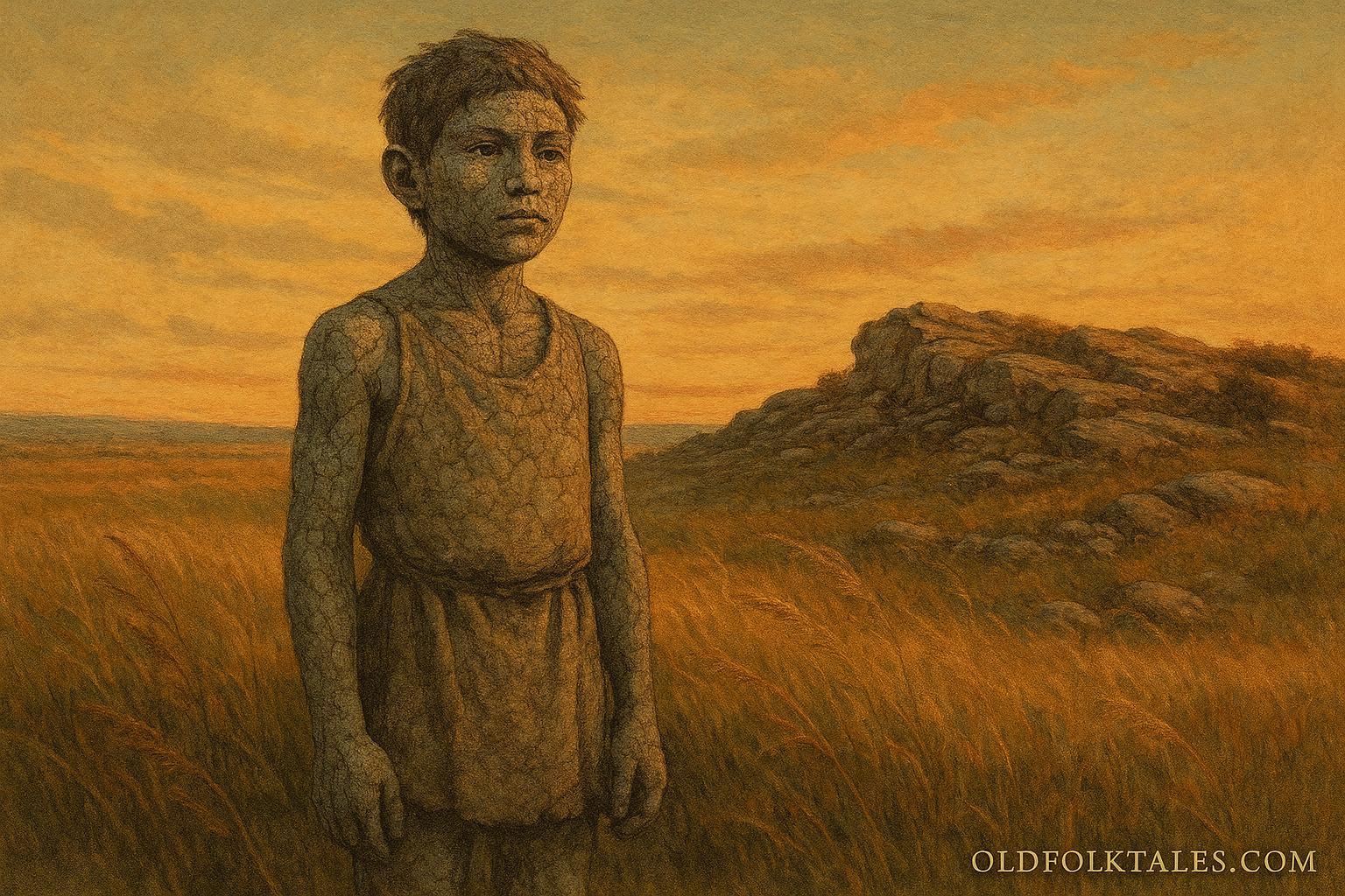 Stone-skinned boy standing on a Great Plains ridge, prairie grass and rocky earth surrounding him, Indigenous folktale scene