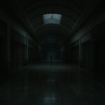 Empty abandoned shopping mall corridor with distant humanoid silhouette